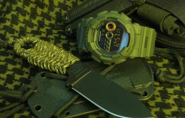 Watch, knife, cord, sheath, braid, multitool