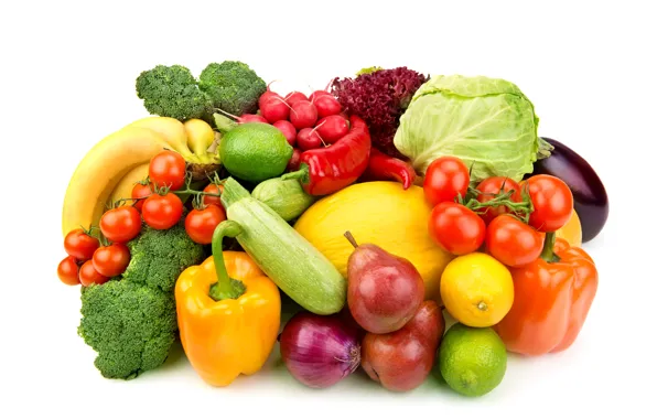Lemon, bow, bananas, white background, lime, pepper, fruit, vegetables