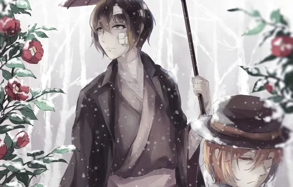 Winter, snow, flowers, umbrella, guys, Camellia, Bungou Stray Dogs, Stray Dogs: A Literary Genius