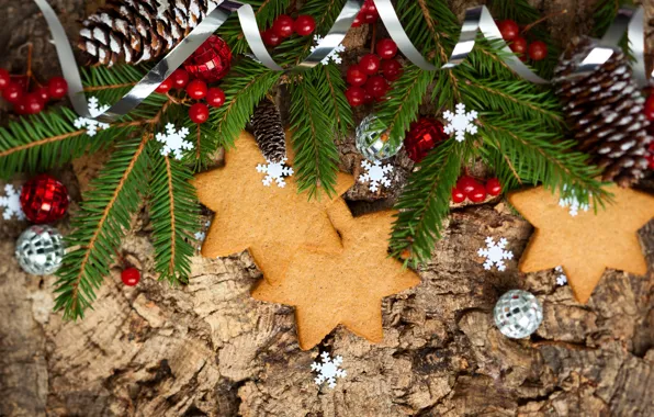 Picture stars, balls, berries, holiday, spruce, branch, New Year, cookies