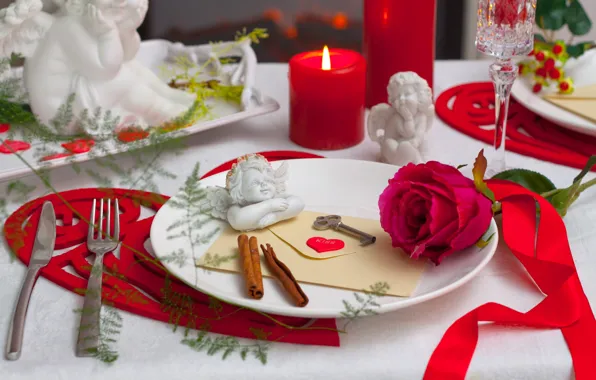 Rose, Candles, angels, Bud, plates, heart, key, Table setting
