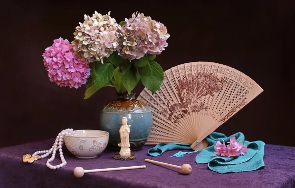 Table, background, bowl, petals, fan, fabric, beads, vase