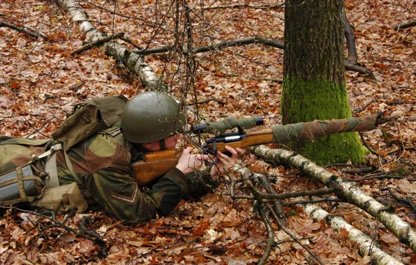 Picture autumn, forest, leaves, soldiers, optics, sniper, helmet, sniper rifle