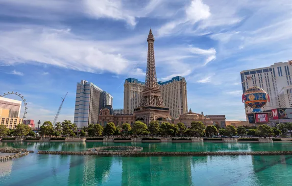 The sky, clouds, trees, pond, building, home, Las Vegas, Eiffel tower