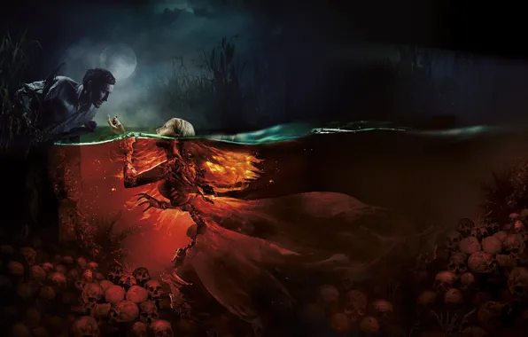 Girl, night, lake, the moon, mermaid, mystic, fantasy, skull