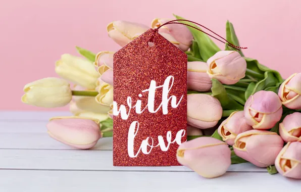 Leaves, flowers, gift, the inscription, tenderness, Board, bouquet, tulips