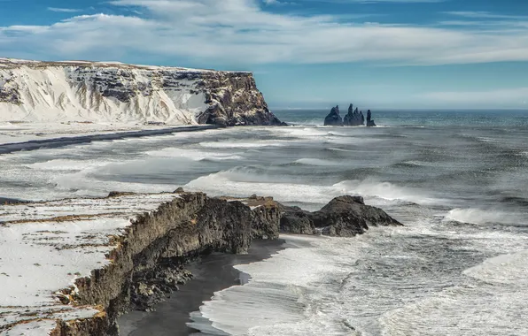 Winter, sea, the sky, clouds, snow, rocks, shore