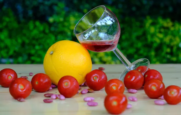 Table, wine, lemon, glass, tilt, placer, tomatoes, bokeh