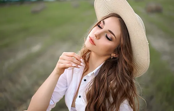 Girl, field, nature, beautiful, model, brunette, makeup, white hat