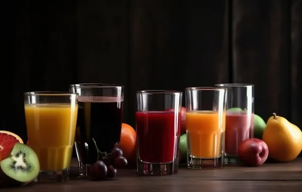 Juice, glasses, fruit, different, juices, cuts, digital art, fruit