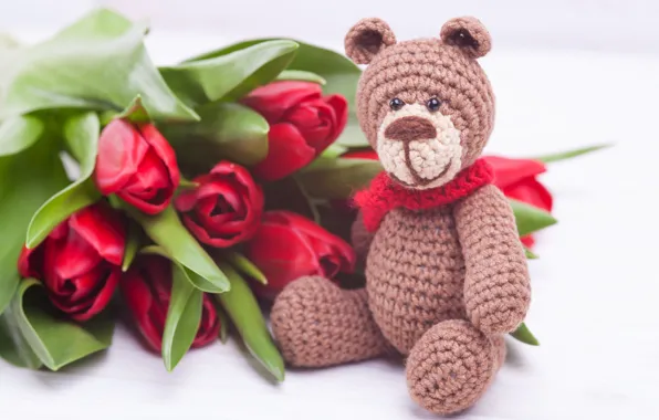 Love, flowers, bouquet, bear, tulips, red, red, love
