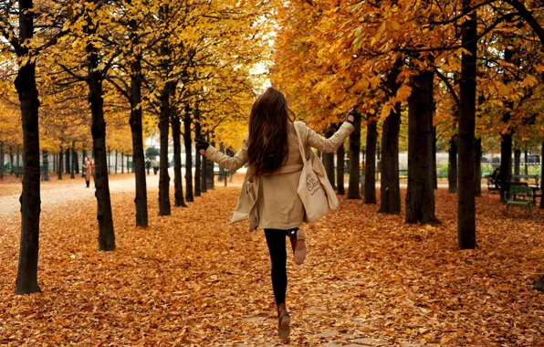 Picture autumn, girl, trees, Park, foliage, falling leaves
