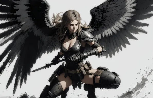 Girl, wings, Valkyrie, blade, sat, digital art, AI art, art work Razor127