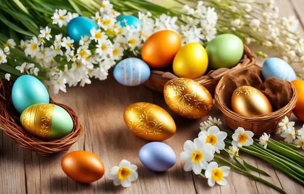 Picture flowers, eggs, spring, colorful, Easter, happy, flowers, spring