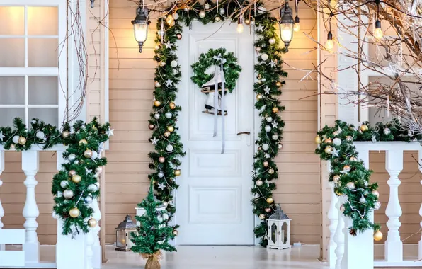 Winter, decoration, house, lamp, holiday, balls, the building, Christmas