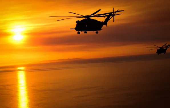 Aviation, sunset, flight, Sikorsky, helicopters, CH-53