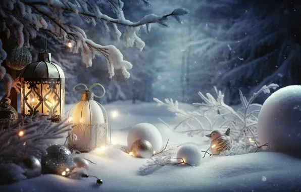 Winter, forest, snow, decoration, night, lights, balls, tree