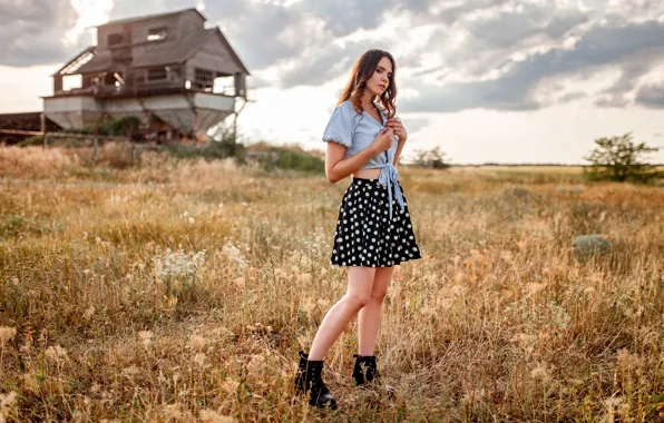 Picture grass, look, clouds, nature, pose, model, skirt, portrait