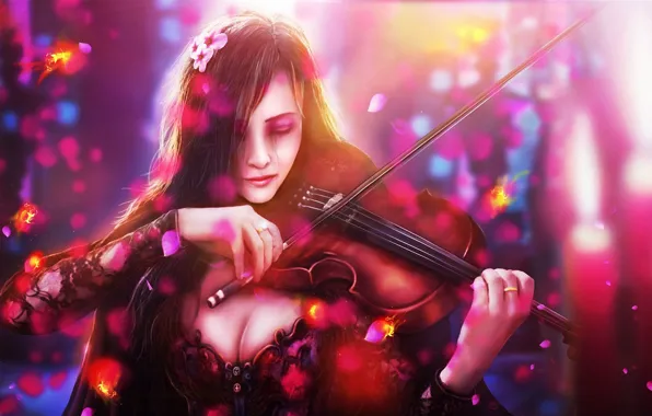 Picture sadness, girl, fish, flowers, violin, art