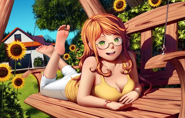Look, girl, sunflowers, bench, pose, smile, house, glasses