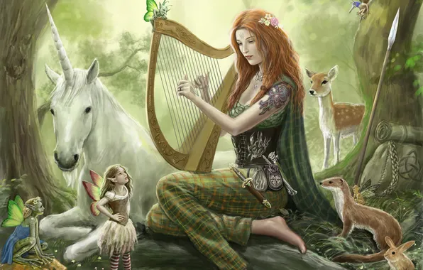 Forest, girl, music, animals, fairy, art, harp, unicorn