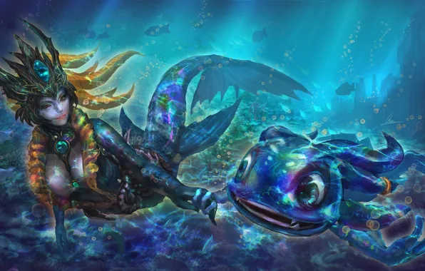 Picture the ocean, under water, League of Legends, Nami, Fizz, Tidecaller, Tidal Trickster