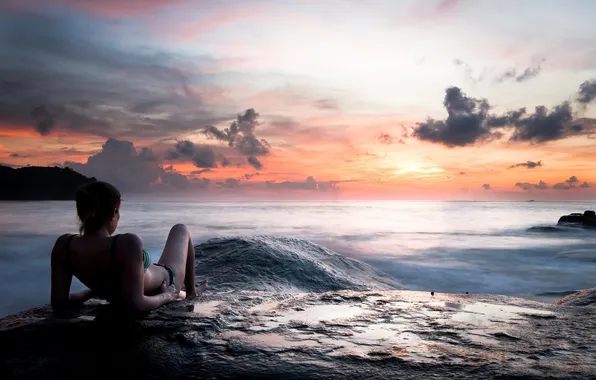 Sea, the sky, girl, landscape, sunset, background, mood, Wallpaper