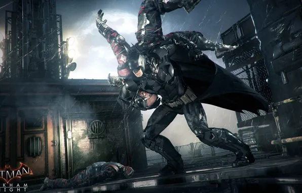 Night, the city, rain, the moon, Batman, costume, blow, Gotham