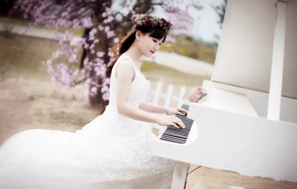 Girl, music, piano, Asian