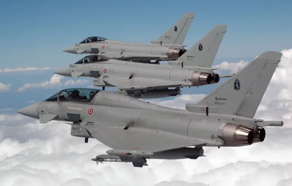 The sky, clouds, fighters, three, Typhoon, Eurofighter, Italian