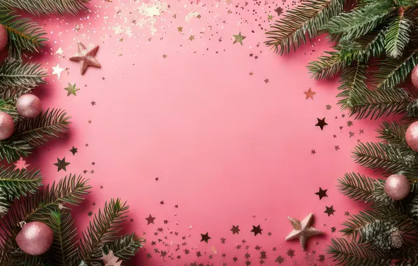 Stars, balls, branches, Shine, texture, frame, sequins, Christmas