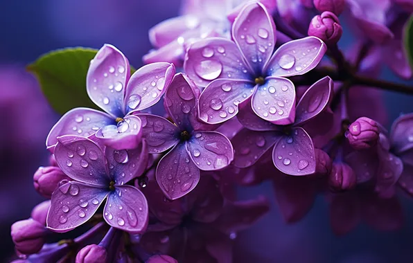 Picture drops, macro, flowers, branches, spring, flowering, lilac, lilac background