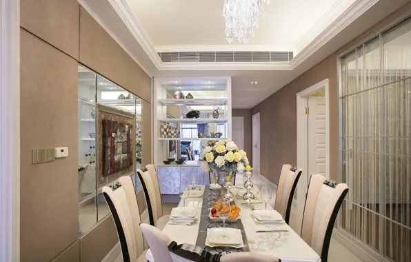 Flowers, table, chairs, interior, mirror, chandelier, dining room