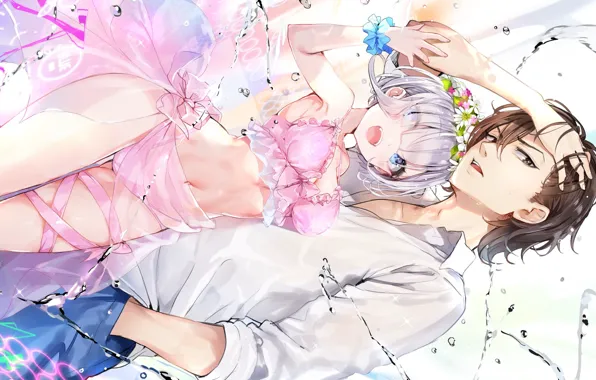 Water, girl, drops, guy, jishou f-rank no oniisama