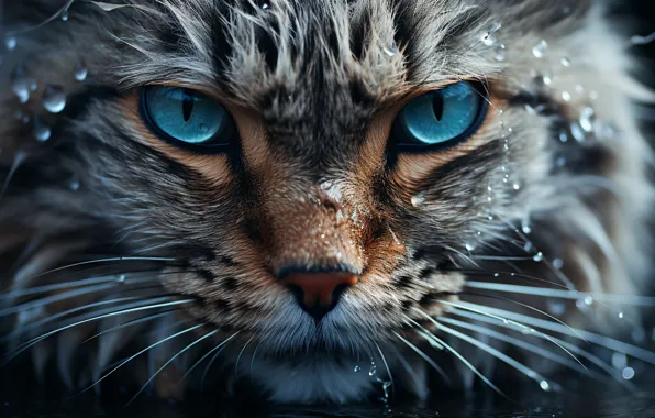 Picture Look, Cat, Cat, Digital art, Closeup, Water drops, AI art, The Art of Artificial Intelligence