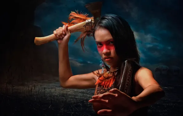 Girl, battle axe, Tomahawk, war paint, Native American