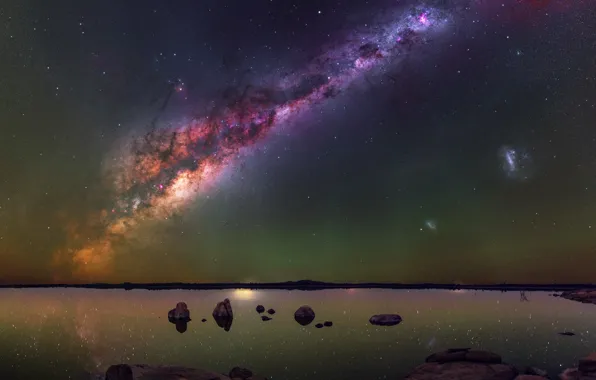 The sky, stars, landscape, night, nature, lake, reflection, stones