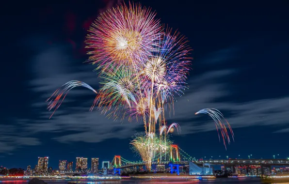 Picture bridge, Japan, Tokyo, Tokyo, Japan, fireworks, night city, Rainbow Bridge