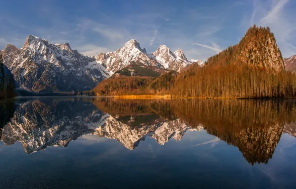 Picture autumn, forest, clouds, mountains, reflection, blue, rocks, shore