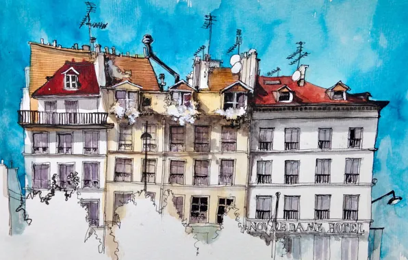 Picture the city, figure, Paris, home, watercolor