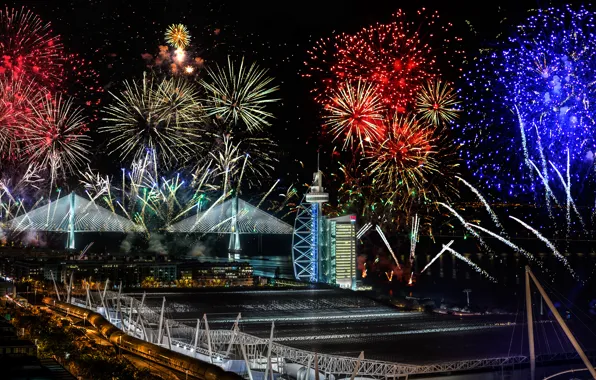 Picture salute, New Year, fireworks, Portugal, Lisbon, bridge Vasco da Gama