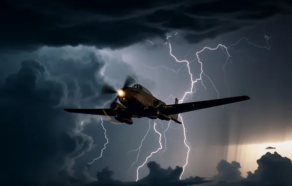 The plane, Lightning, Flight, Clouds, Digital art, AI art, The Art of Artificial Intelligence, Neural …