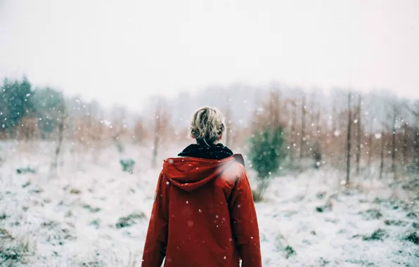 Girl, forest, snow, morning, sunrise, snowy, woodland, snowing