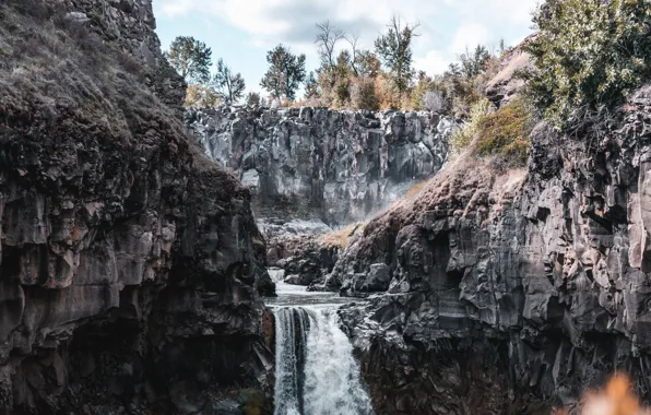Trees, mountains, stones, rocks, vegetation, waterfall, gorge