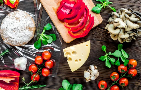 Mushrooms, cheese, pepper, pizza, tomato, the dough, billet