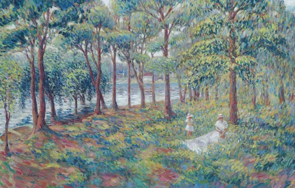 Trees, landscape, river, picture, genre, Henri Lebacq, Madame Lebasque and Daughter by the Marne