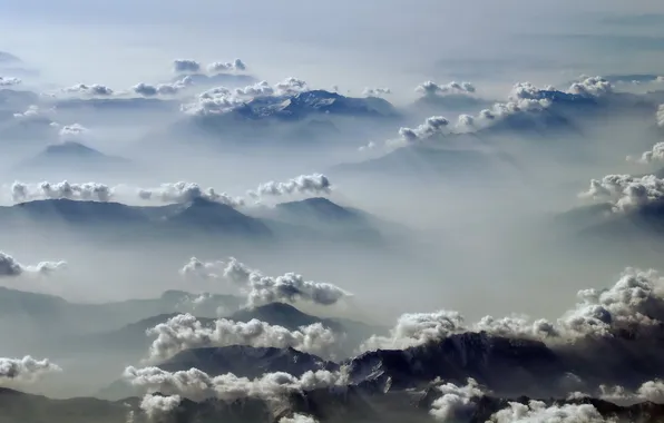 Clouds, rays, mountains, Alps, haze