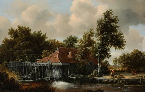 The sky, trees, landscape, house, river, picture, mill, Meindert Hobbema