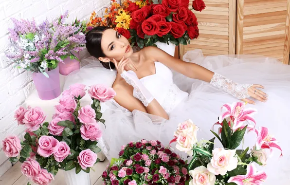Girl, flowers, Lily, roses, makeup, dress, brunette, hairstyle