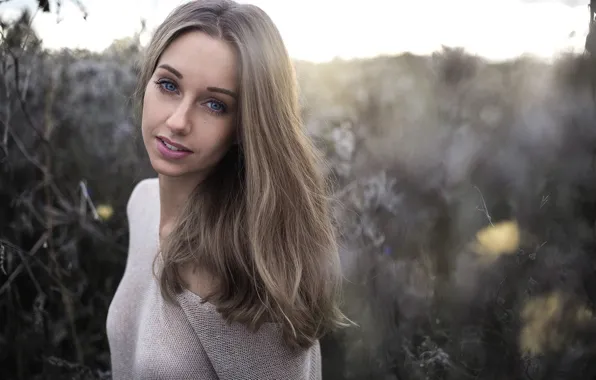 Grass, look, girl, portrait, makeup, hairstyle, beautiful, bokeh